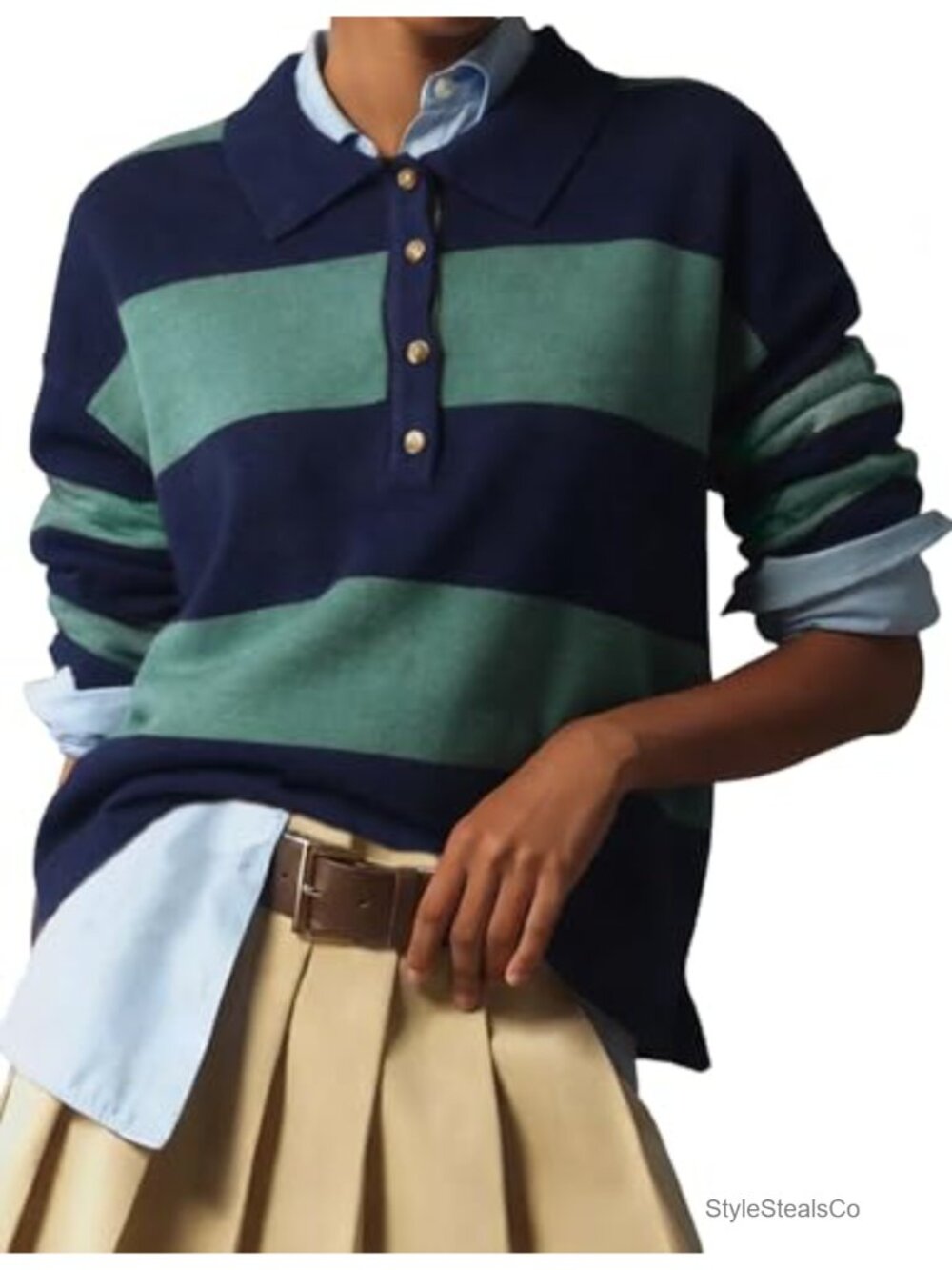Wyeysyt Women's Rugby Polo Sweater V-Neck Button Front Striped Pullover